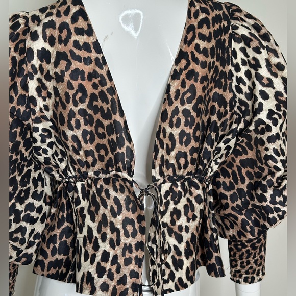 GANNI Cedar Tie Back Leopard Print Puff Sleeve Top Linen and Silk  SZ 38 - Picture 2 of 11